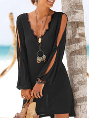 Long Sleeve V Neck Cotton-Blend Dresses