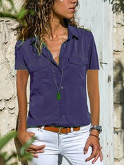 Blouse Pocket Solid Colored Daily Shirt Collar T-shirt Sleeve Light Summer Blue Black Purple Dark Red Pink for Women