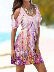 Beach Dress Beach Wear Mini Dress Cold Shoulder Print Hot Romantic Floral Crewneck Short Sleeve Regular Fit Vacation Going out Blue Purple Summer S M L XL for Women