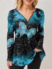 Blouse T shirt Tee Red Blue Sky Blue Butterfly Zipper Print Long Sleeve Casual Daily Ethnic Style Vintage Style Crew Neck L for Women