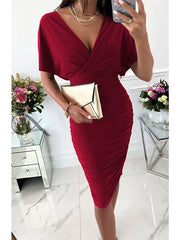 Bodycon Sheath Dress Wedding Guest Knee Length Dress Midi Dress Pink Wine Red Half Sleeve Pure Color Ruched Summer Spring V Neck Stylish Wedding Guest Loose Fit S M L XL 2XL for Women
