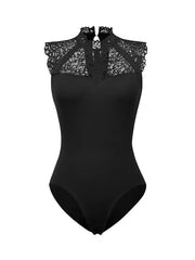 Bodysuit Black White Pink Plain Lace Patchwork Sleeveless Casual Daily Basic Round Neck S for Women