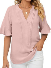 Blouse Pleated Ruffle Solid / Plain Color Basic V Neck Petal Sleeves Summer pea green Black White Pink Blue for Women