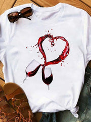 Blouse T shirt Tee Black White Dark Red Heart Letter Print Short Sleeve Daily Going out Streetwear Crewneck Regular L for Women