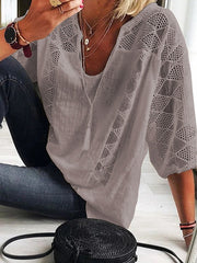 Blouse Lace Patchwork Solid Color Basic Boho U Neck Lace-up Spring & Fall Black White Yellow Light Blue Grey for Women