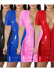 Bodycon Sheath Dress Mini Dress Black Pink Red Short Sleeve Pure Color Zipper Winter Fall Autumn V Neck Hot Spring Dress S M L XL XXL 3XL for Women