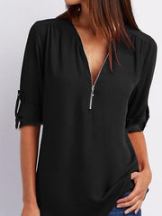 Blouse Shirt Zipper Basic Plain Daily V Neck T-shirt Sleeve Regular Summer White Black Pink Grey Dark Blue for Women