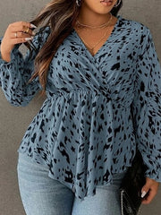 Blouse Blue Graphic Ruched Print Long Sleeve Work Daily Elegant V Neck Plus Size L for Women