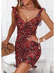 Bodycon Sheath Dress Mini Dress Black Red Khaki Sleeveless Floral Ruffle Spring Summer V Neck Stylish Loose Fit S M L XL for Women