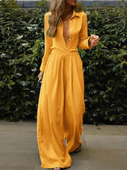 Blouse Pants Sets Basic Green Yellow Casual Daily Wear Solid Color Shirt Collar S M L XL for Women