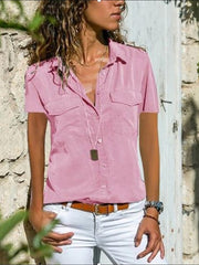 Blouse Pocket Solid Colored Daily Shirt Collar T-shirt Sleeve Light Summer Blue Black Purple Dark Red Pink for Women