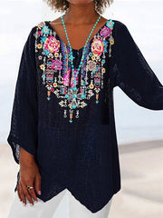 Blouse Black Navy Blue Dark Blue Graphic Floral Print Long Sleeve Daily Going out Basic Vintage V Neck Regular Cotton L for Women