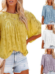 Blouse T shirt Lace Jacquard Flower / Floral Tropical Round Neck Regular Summer Light Purple White Black Yellow Light Blue for Women