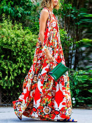 Floral Round Neck Red Fashion Woman Vacation Dress