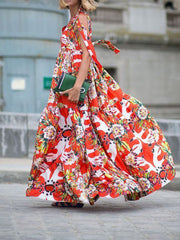 Floral Round Neck Red Fashion Woman Vacation Dress