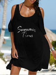 Beach Dress Resort Wear Beach Wear Mini Dress Cut Out Cold Shoulder Tropical Fashion Letter Crewneck Half Sleeve Loose Fit Outdoor Daily Deep Purple Black Summer Spring S M L XL for Women