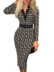 Bodycon Sheath Dress Modern Dress Midi Dress Black Khaki Beige Long Sleeve Geometric Print Spring Fall Autumn V Neck Stylish Winter Dress Fall Dress S M L XL XXL for Women