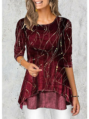 Blouse Wine Blue Purple Graphic Print 3/4 Length Sleeve Daily Going out Casual Crew Neck Regular L for Women