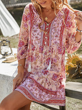 Boho Dress Long Dress Maxi Dress Pink Beige Light Blue 3/4 Length Sleeve Floral Ruffle Fall Autumn V Neck Weekend Loose Fit S M L XL for Women