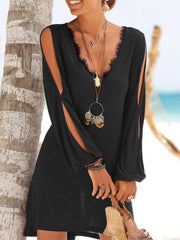 Long Sleeve V Neck Cotton-Blend Dresses