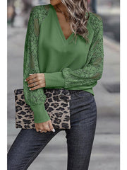 Blouse Lace Solid Color Lace Lace V Neck Standard Spring, Fall, Winter, Summer dark brown Ash Green Black for Women
