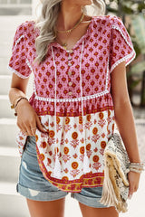 Bohemian Tie Neck Buttoned Blouse