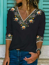 Floral Half Sleeve Printed Cotton-blend V neck Vintage Summer Black Top