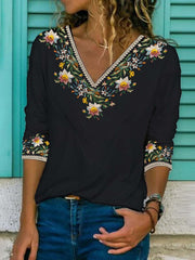 Floral Half Sleeve Printed Cotton-blend V neck Vintage Summer Black Top
