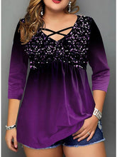 Blouse Purple Color Gradient 3/4 Length Sleeve Vacation Weekend Basic V Neck Cotton Plus Size XL for Women
