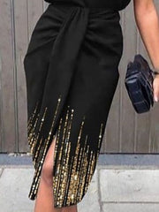Bodycon Midi Dress Black Short Sleeve Print Sequins Spring Summer High Neck Casual Weekend S M L XL XXL 3XL for Women