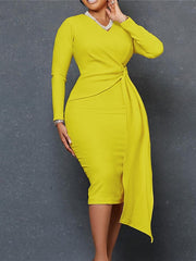 Bodycon Sheath Dress Wrap Dress Knee Length Dress Yellow Orange Beige Long Sleeve Pure Color Ruched Winter Fall Autumn V Neck Fashion Winter Dress Fall Dress S M L XL XXL 3XL for Women