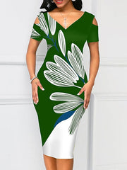 Bodycon Sheath Dress Midi Dress Black Pink Green Short Sleeve Floral Cold Shoulder Spring Summer V Neck Elegant Weekend S M L XL XXL 3XL for Women