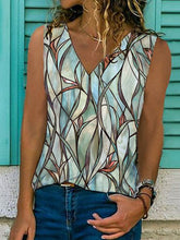 Floral Sleeveless Printed Cotton-blend V neck Vintage Summer Green Top