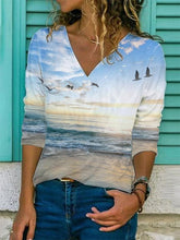 V Neck Casual Landscape Print Shirts & Tops