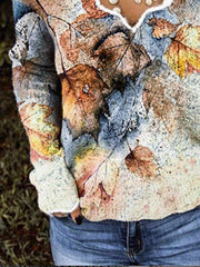 Leaves Printed Casual V Neck Long Sleeve Shirts & Tops