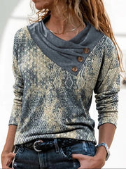 Blouse Black Fuchsia Gray Color Block Button Print Long Sleeve Casual Weekend Basic V Neck Regular S for Women