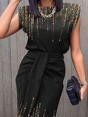 Bodycon Midi Dress Black Short Sleeve Print Sequins Spring Summer High Neck Casual Weekend S M L XL XXL 3XL for Women