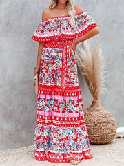 Boho Dress Beach Dress Beach Wear Long Dress Maxi Dress Ruffle Print Boho Casual Floral Off Shoulder Short Sleeve Loose Fit Outdoor Daily Black White Spring Summer S M L XL for Women