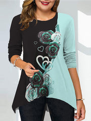 Blouse White Light Green Blue Floral Print Long Sleeve Daily Going out Casual Crew Neck Regular Plus Size L for Women