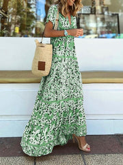 Bohemia Floral V Neck Long Dress Maxi Dress Pink Short Sleeve Floral Ruched Spring Summer Modern Weekend S M L XL XXL 3XL for Women