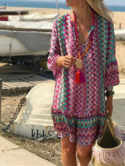 Beach Dress Beach Wear Midi Dress Print Modern Casual Color Block V Neck Long Sleeve Loose Fit Outdoor Daily Pink Summer Spring S M L XL for Women