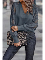 Blouse Lace Solid Color Lace Lace V Neck Standard Spring, Fall, Winter, Summer dark brown Ash Green Black for Women