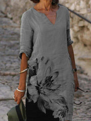 Gray Floral Half Sleeve Casual Dresses