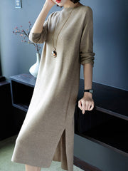 Knitted Slit H-line Long Sleeve Dress