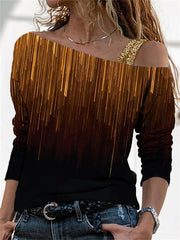 Blouse Black Yellow Red Graphic Sparkly Print Long Sleeve Casual Basic One Shoulder Regular S for Women