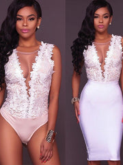 Bodysuit Black White Plain Lace Patchwork Sleeveless Holiday Beach Sexy Round Neck M for Women