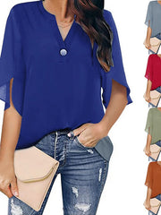 Blouse Button Chiffon Solid Color V Neck Regular Summer Black Light Green Red Red Wine Blue for Women