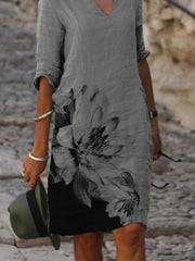 Gray Floral Half Sleeve Casual Dresses