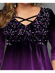 Blouse Purple Color Gradient 3/4 Length Sleeve Vacation Weekend Basic V Neck Cotton Plus Size XL for Women
