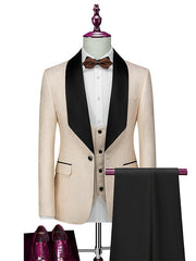 Black White Champagne Men's Wedding Party / Evening Valentine's Day Tuxedos 3 Piece Solid Colored Standard Fit Single Breasted One-button